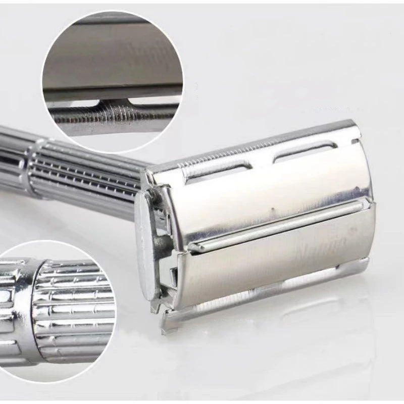 Navalha de barbear masculina com lâmina prateada dobrável, navalha reta de aço inoxidável para pelos faciais, ferramentas de barbeiro, 10 lâminas.