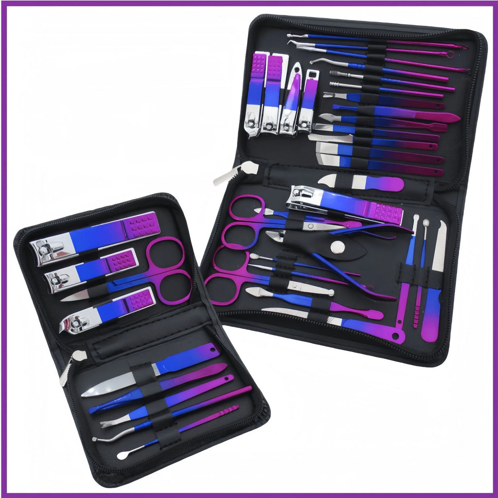 Kit profissional de manicure e pedicure em aço inoxidável com 6 a 30 peças, cuidados de precisão para as unhas, estojo de viagem, cortador de unhas e tesoura.