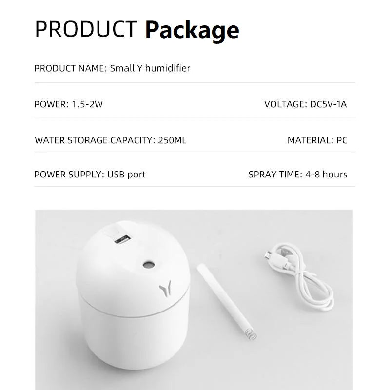 Umidificador de ar mini USB de 250 ml com difusor de óleos essenciais e aromas para casa e carro. Difusor ultrassônico silencioso com lâmpada LED colorida.