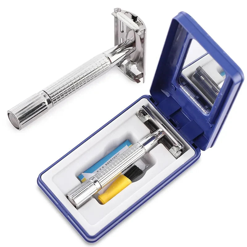 Navalha de barbear masculina com lâmina prateada dobrável, navalha reta de aço inoxidável para pelos faciais, ferramentas de barbeiro, 10 lâminas.