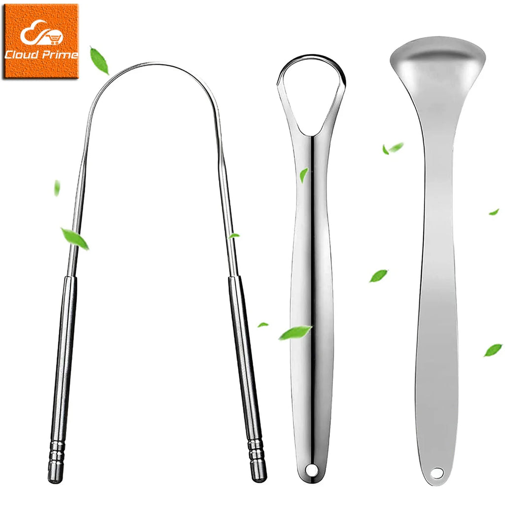 Raspador de língua de metal premium, conjunto com 1 ou 3 unidades, para adultos e crianças. Escovas raspadoras de língua portáteis em aço inoxidável para remoção de ácaros.