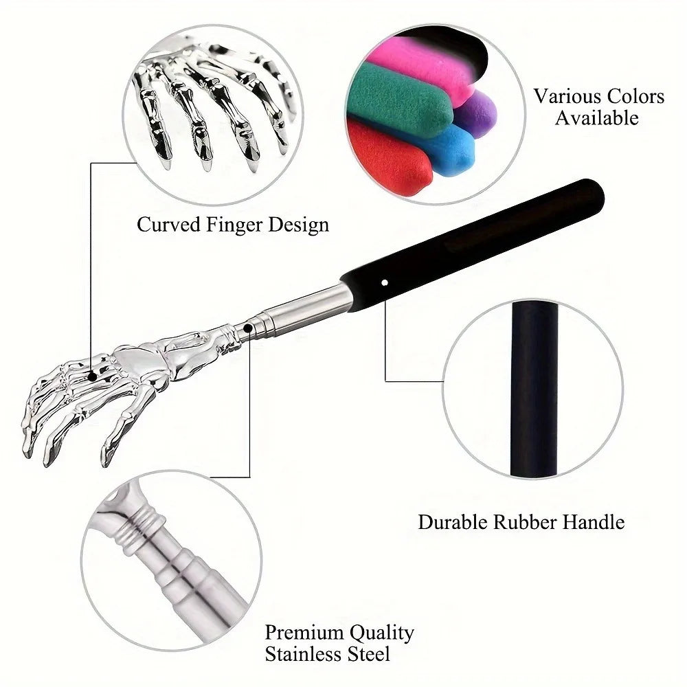 Coçador de costas portátil extensível em aço inoxidável, massageado de costas extensível para humanos e animais de estimação.