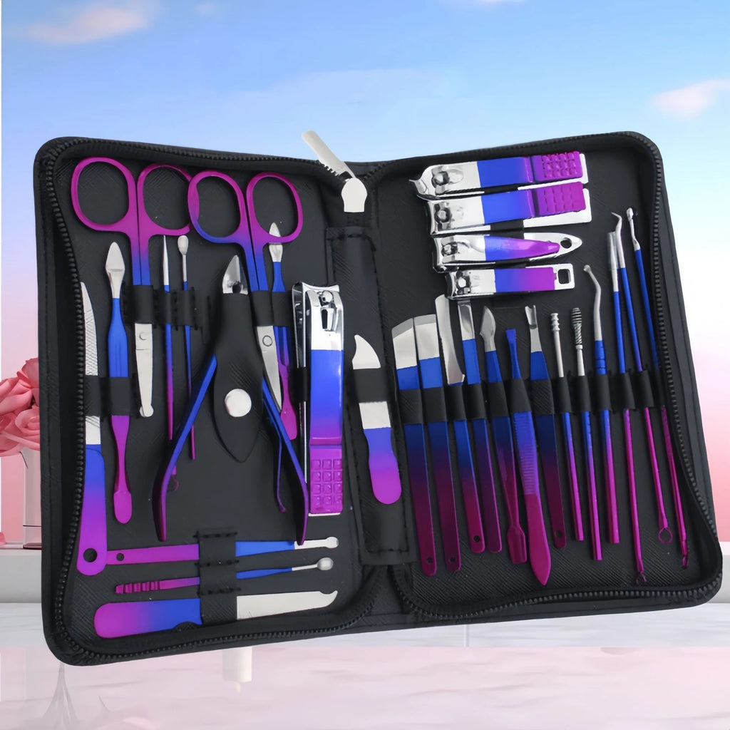 Kit profissional de manicure e pedicure em aço inoxidável com 6 a 30 peças, cuidados de precisão para as unhas, estojo de viagem, cortador de unhas e tesoura.