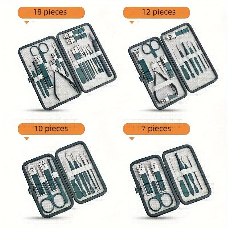 Kit profissional de cuidados com as unhas com 7/10/12/18 peças, conjunto de manicure e pedicure em aço inoxidável, conjunto de cortadores de unhas com estojo de viagem