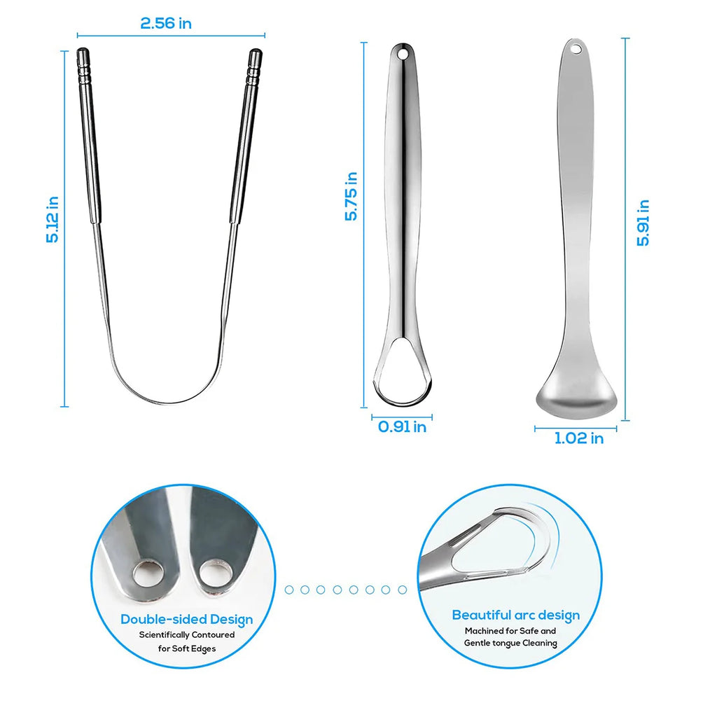 Raspador de língua de metal premium, conjunto com 1 ou 3 unidades, para adultos e crianças. Escovas raspadoras de língua portáteis em aço inoxidável para remoção de ácaros.