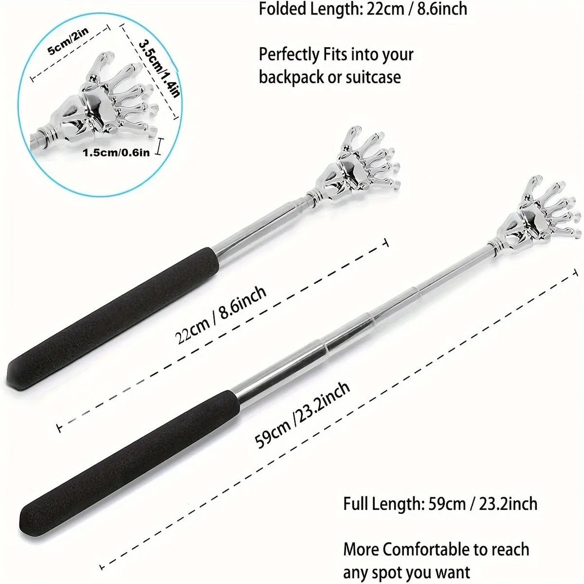 Coçador de costas portátil extensível em aço inoxidável, massageado de costas extensível para humanos e animais de estimação.
