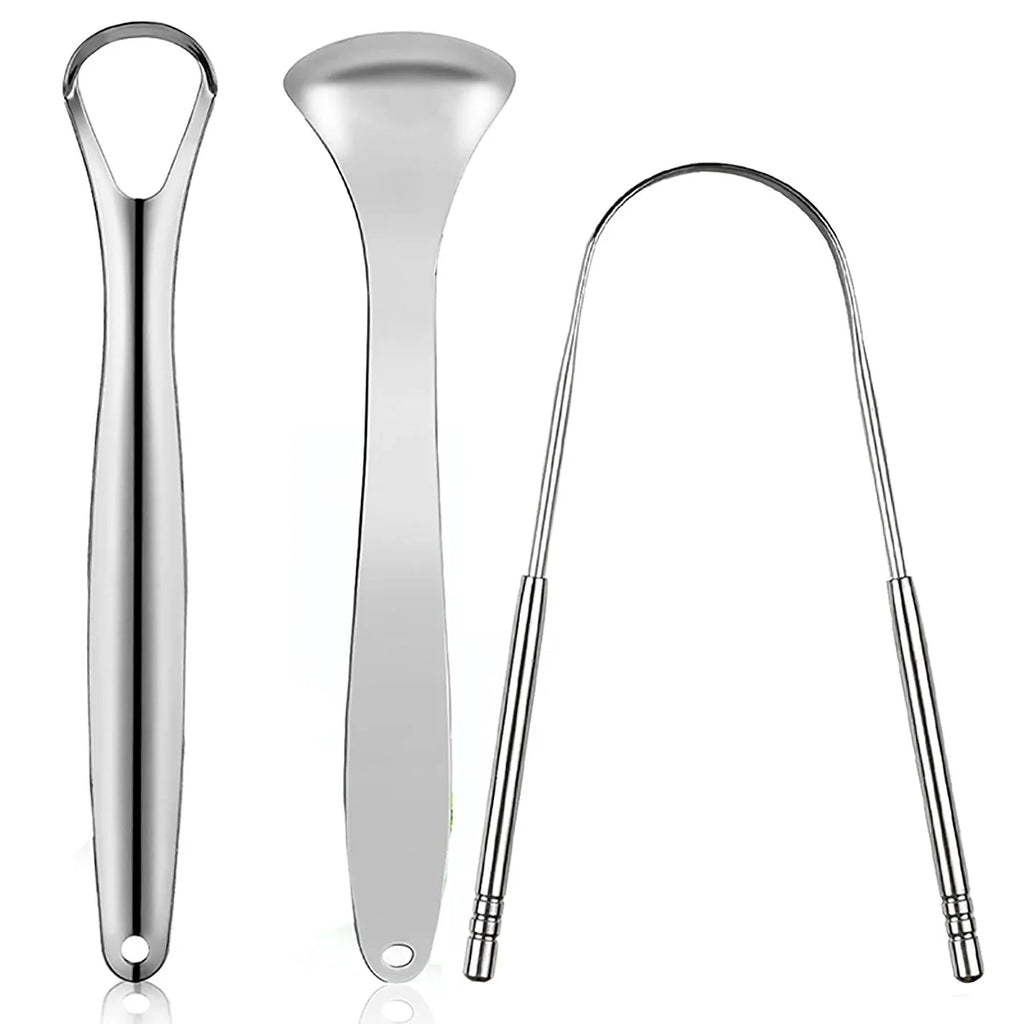 Raspador de língua de metal premium, conjunto com 1 ou 3 unidades, para adultos e crianças. Escovas raspadoras de língua portáteis em aço inoxidável para remoção de ácaros.